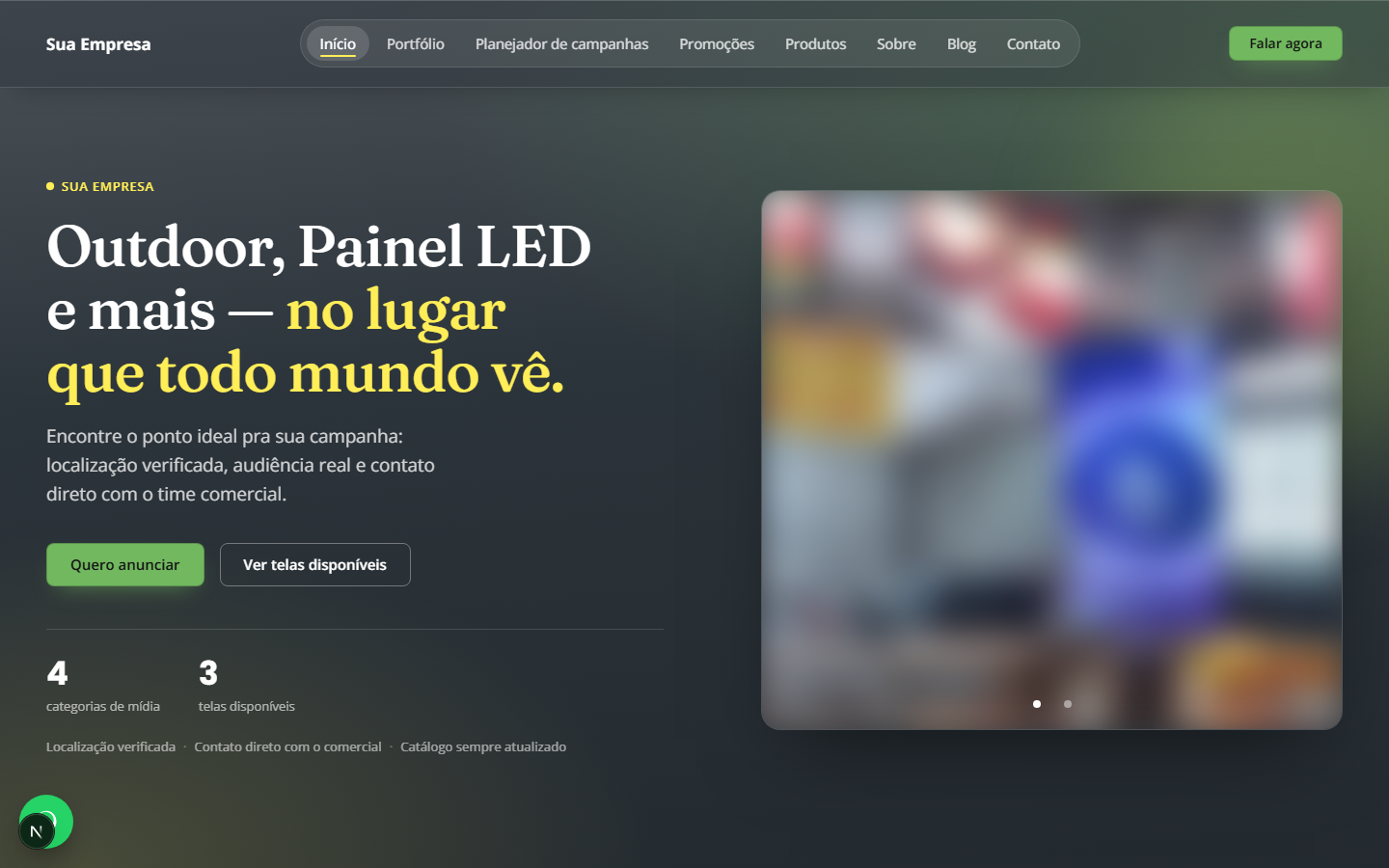 Site público de um cliente, com hero, telas em destaque e categorias de mídia